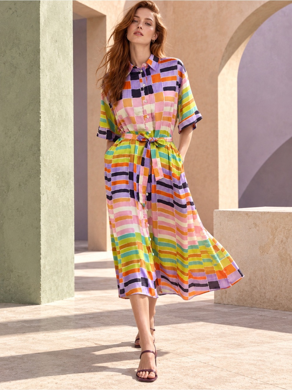 FRNCH Paris NWT Geometric Paige Hot Palette Midi Shirt Dress, Size S